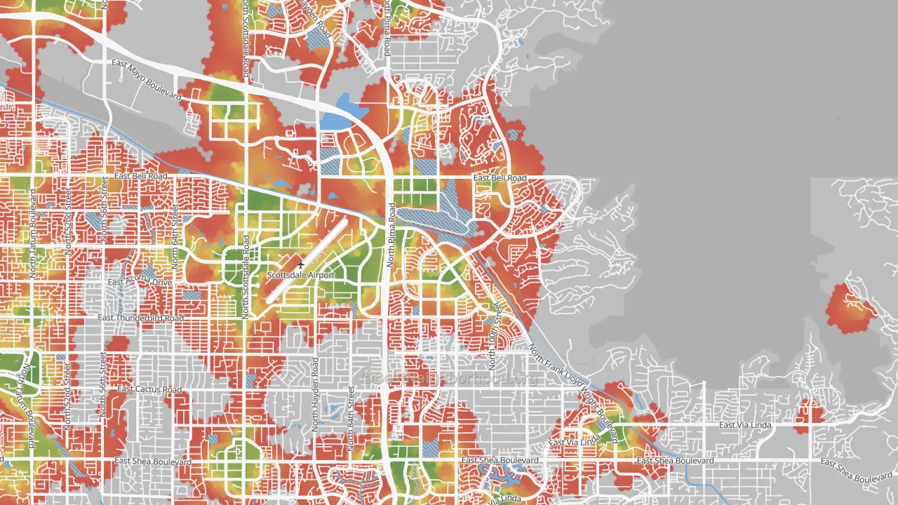 Walk Grade map of North Scottsdale, Scottsdale, AZ, walkable areas in green and car-dependent areas in red
