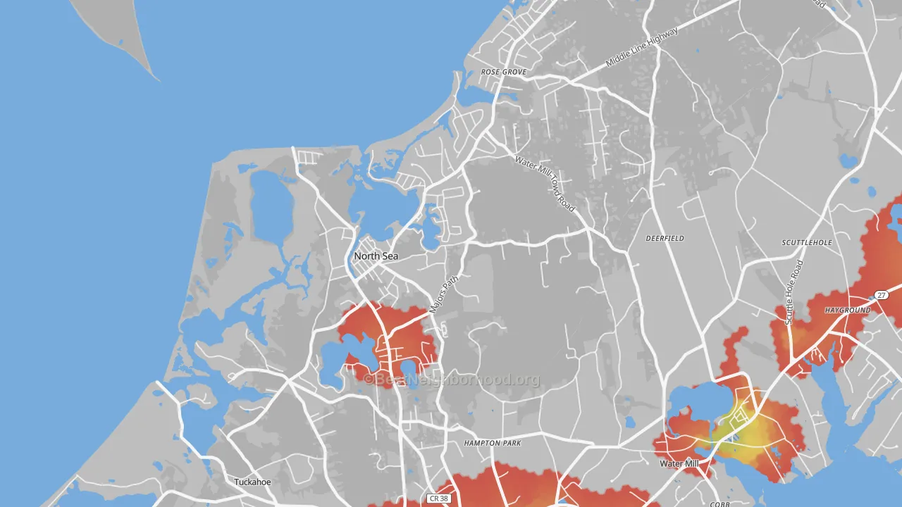 Walk Grade map of North Sea, NY, walkable areas in green and car-dependent areas in red