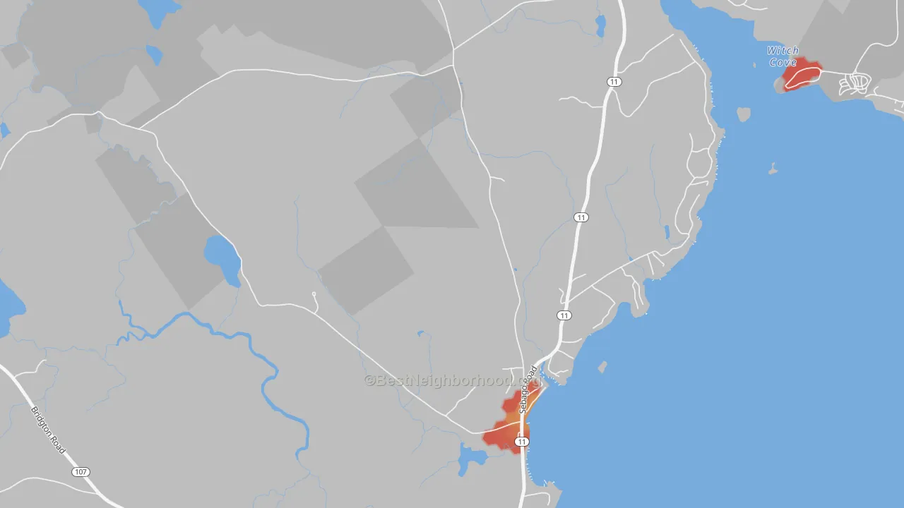Walk Grade map of North Sebago, ME, walkable areas in green and car-dependent areas in red