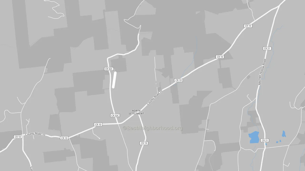 Walk Grade map of North Settlement, NY, walkable areas in green and car-dependent areas in red