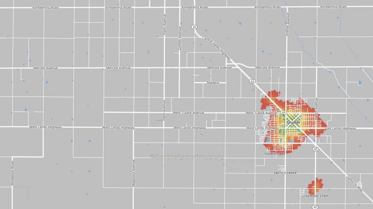 Walk Grade map of North Shafter, CA, walkable areas in green and car-dependent areas in red