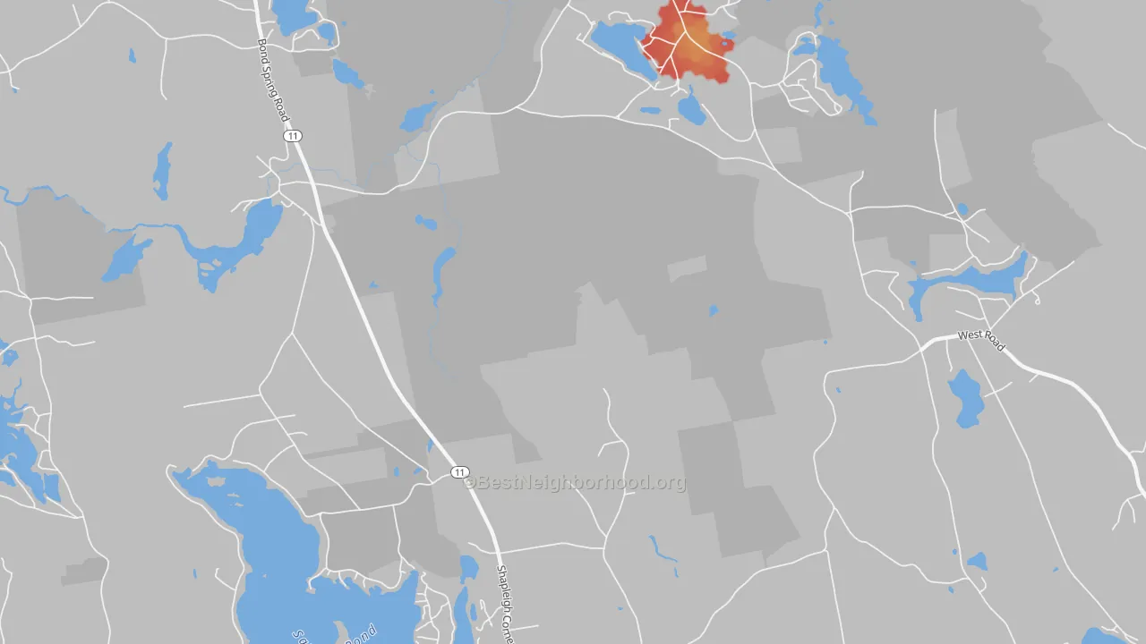 Walk Grade map of North Shapleigh, ME, walkable areas in green and car-dependent areas in red