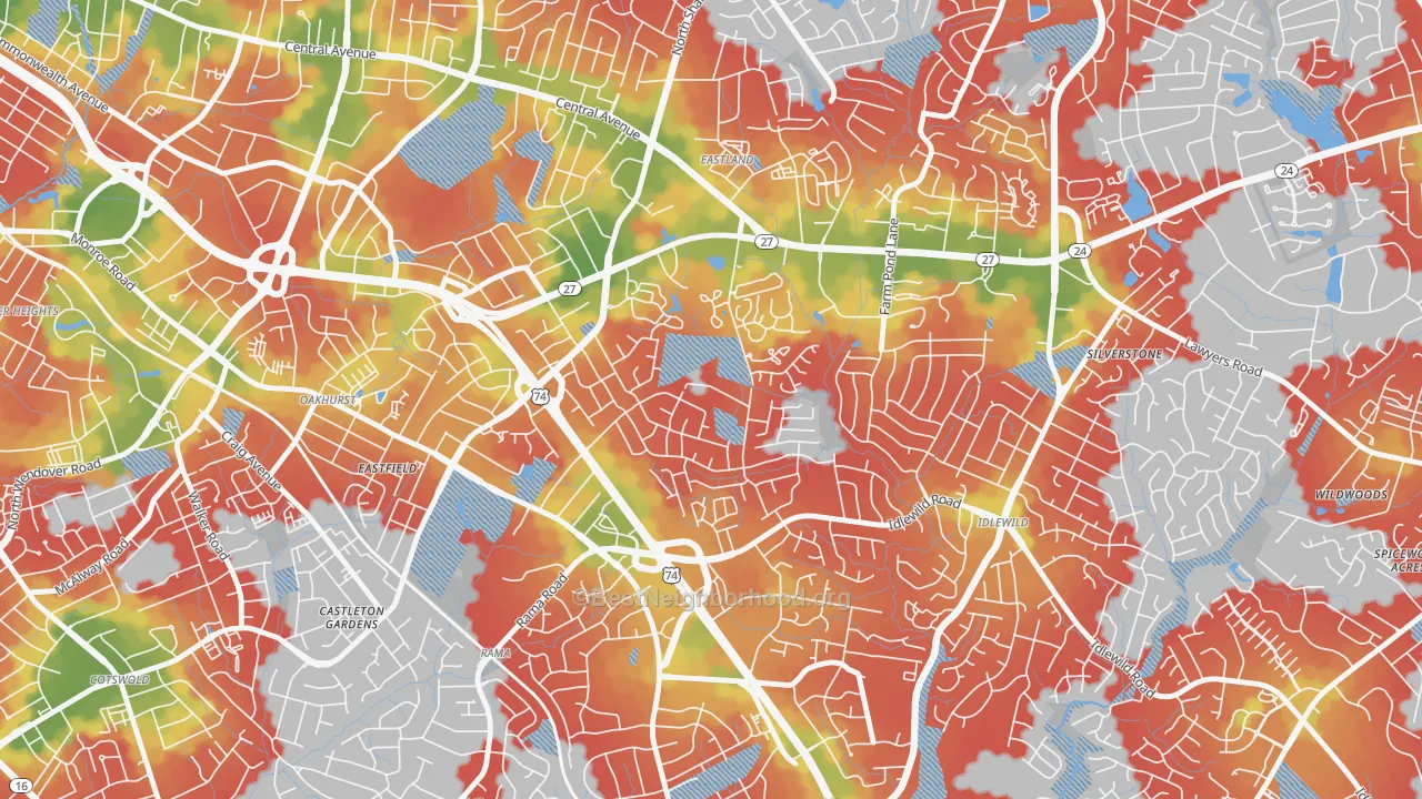 Walk Grade map of North Sharon Amity, Charlotte, NC, walkable areas in green and car-dependent areas in red