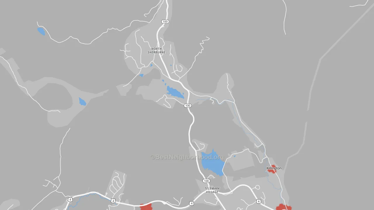 Walk Grade map of North Sherburne, VT, walkable areas in green and car-dependent areas in red