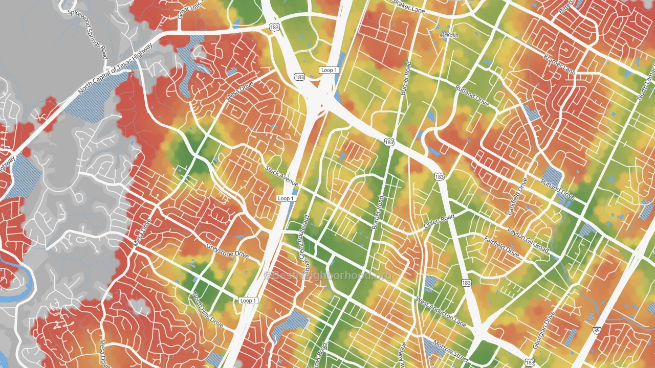 Walk Grade map of North Shoal Creek, Austin, TX, walkable areas in green and car-dependent areas in red