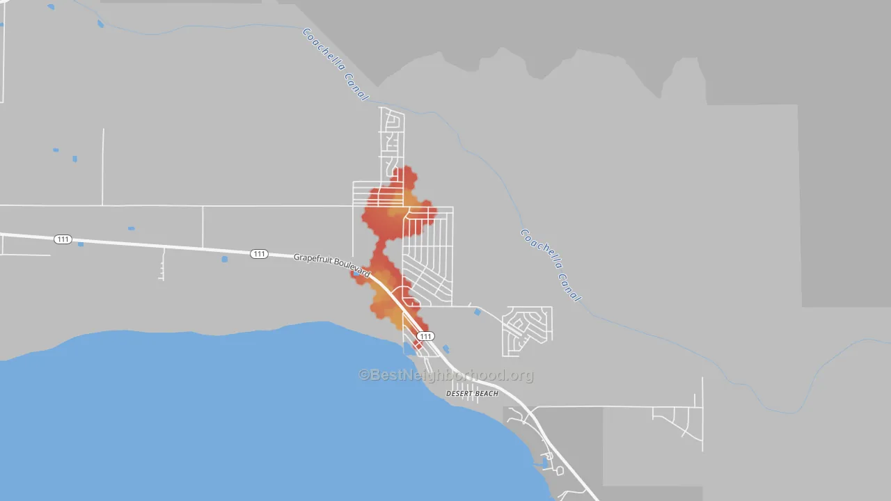 Walk Grade map of North Shore, CA, walkable areas in green and car-dependent areas in red