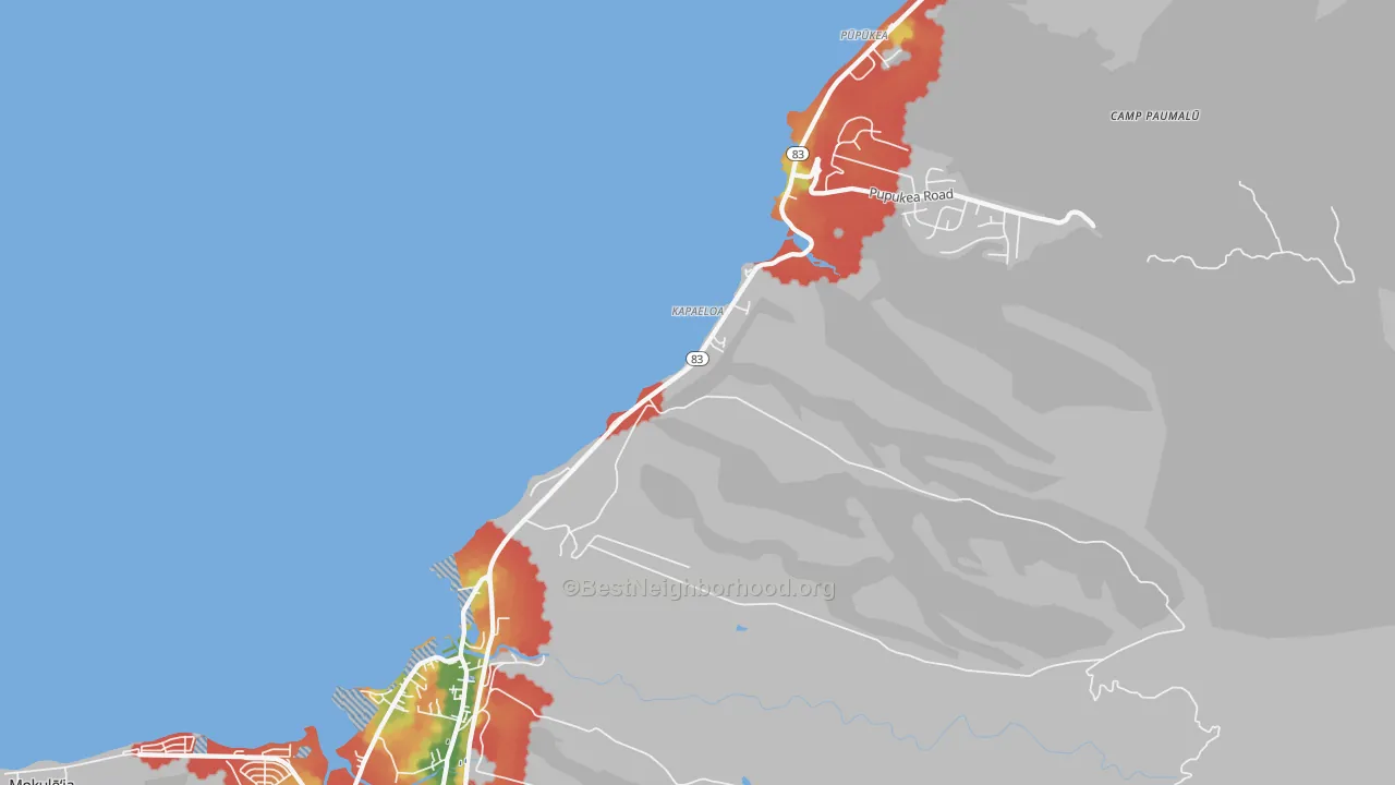 Walk Grade map of North Shore, Haleiwa, HI, walkable areas in green and car-dependent areas in red