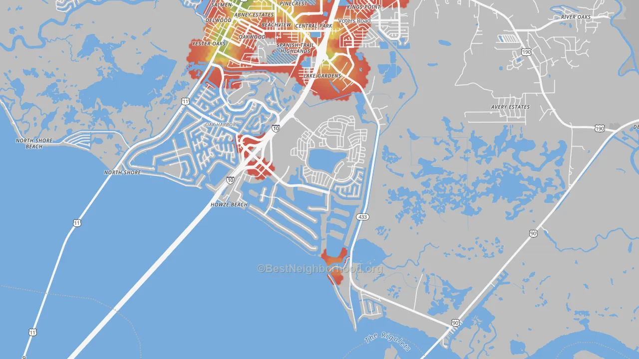Walk Grade map of North Shore, LA, walkable areas in green and car-dependent areas in red