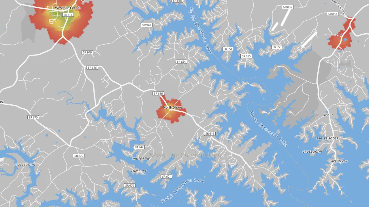 Walk Grade map of North Shore, VA, walkable areas in green and car-dependent areas in red
