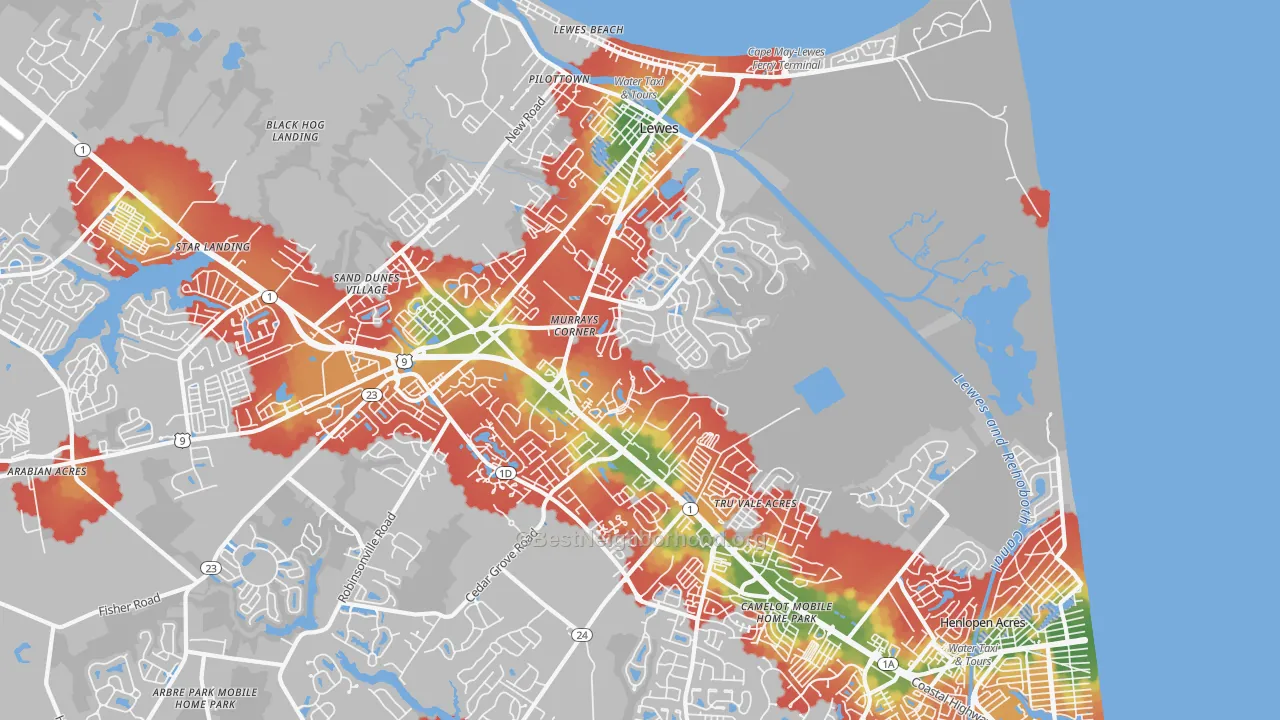 Walk Grade map of North Shores, DE, walkable areas in green and car-dependent areas in red