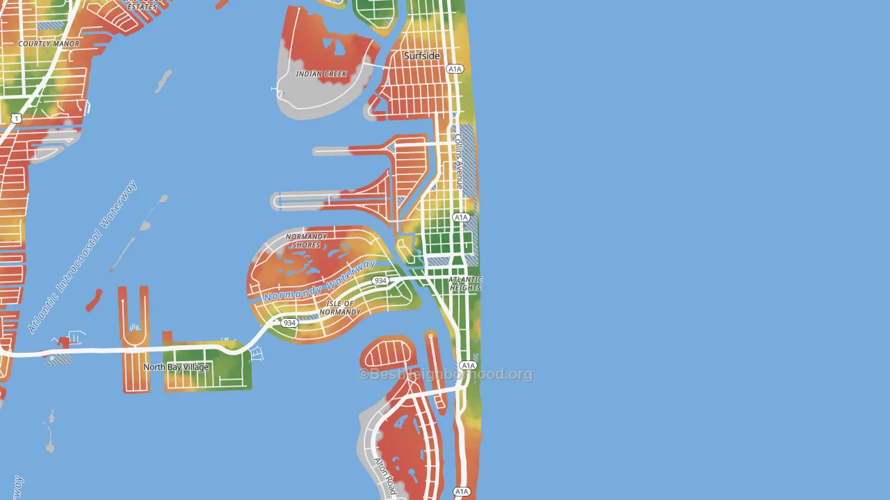 Walk Grade map of North Shores, North Bay Village, FL, walkable areas in green and car-dependent areas in red