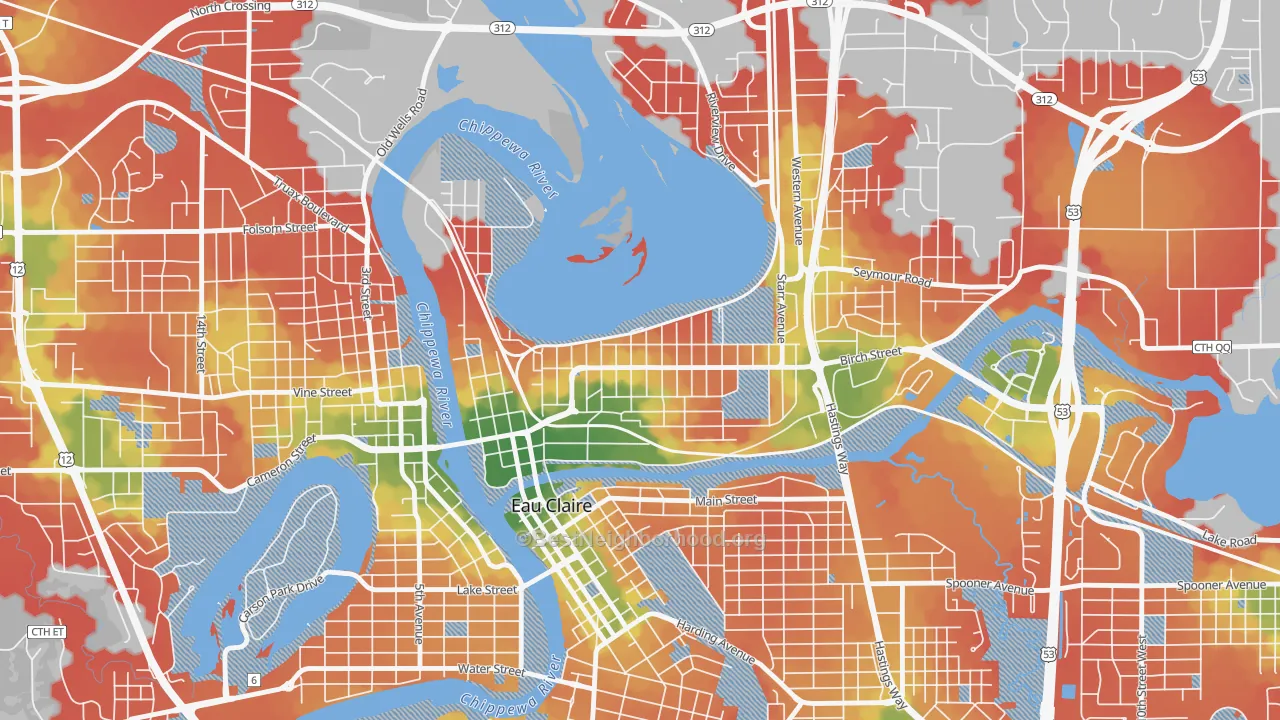 Walk Grade map of North Side Hill, Eau Claire, WI, walkable areas in green and car-dependent areas in red