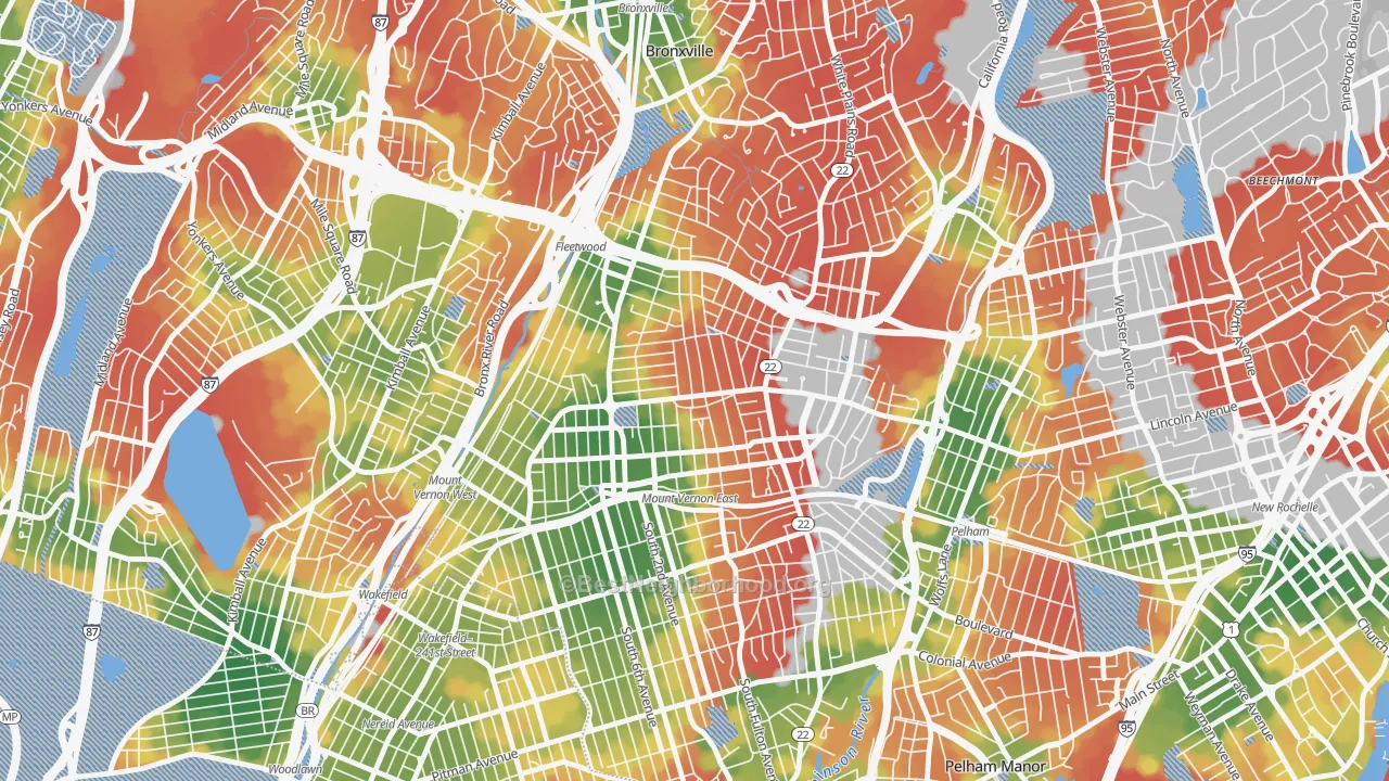 Walk Grade map of North Side, Mount Vernon, NY, walkable areas in green and car-dependent areas in red