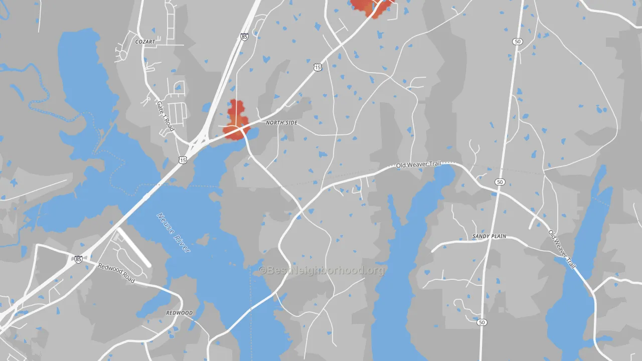 Walk Grade map of North Side, NC, walkable areas in green and car-dependent areas in red