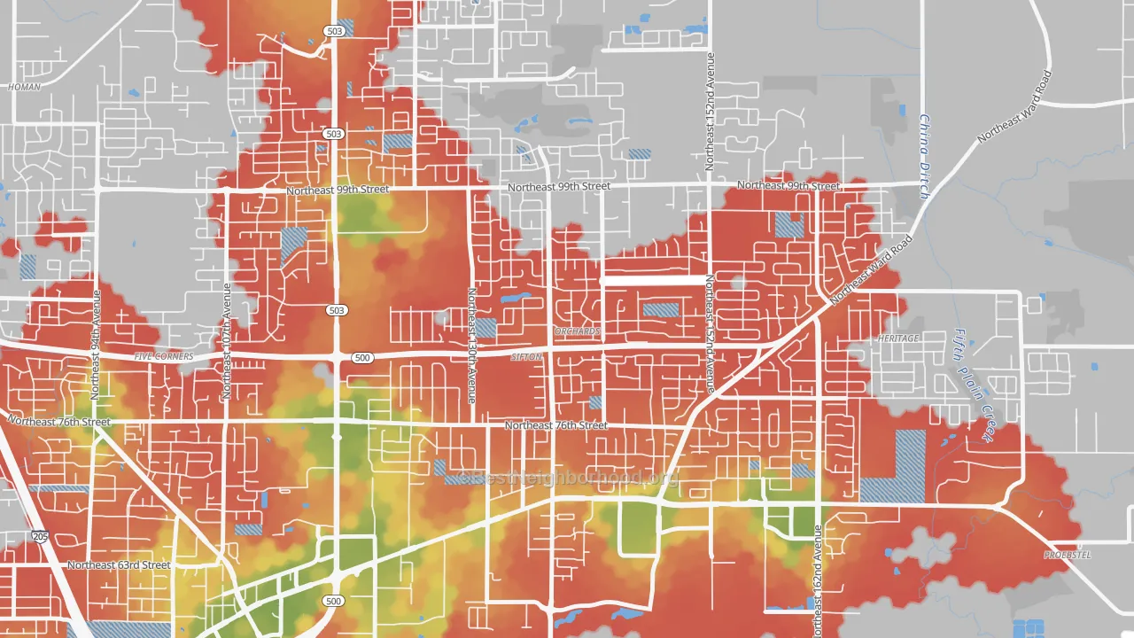 Walk Grade map of North Sifton-Orchards Area, Orchards, WA, walkable areas in green and car-dependent areas in red