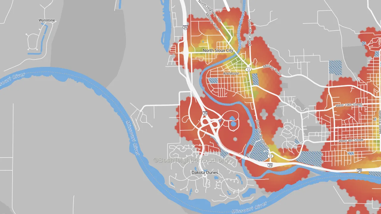 Walk Grade map of North Sioux City, SD, walkable areas in green and car-dependent areas in red