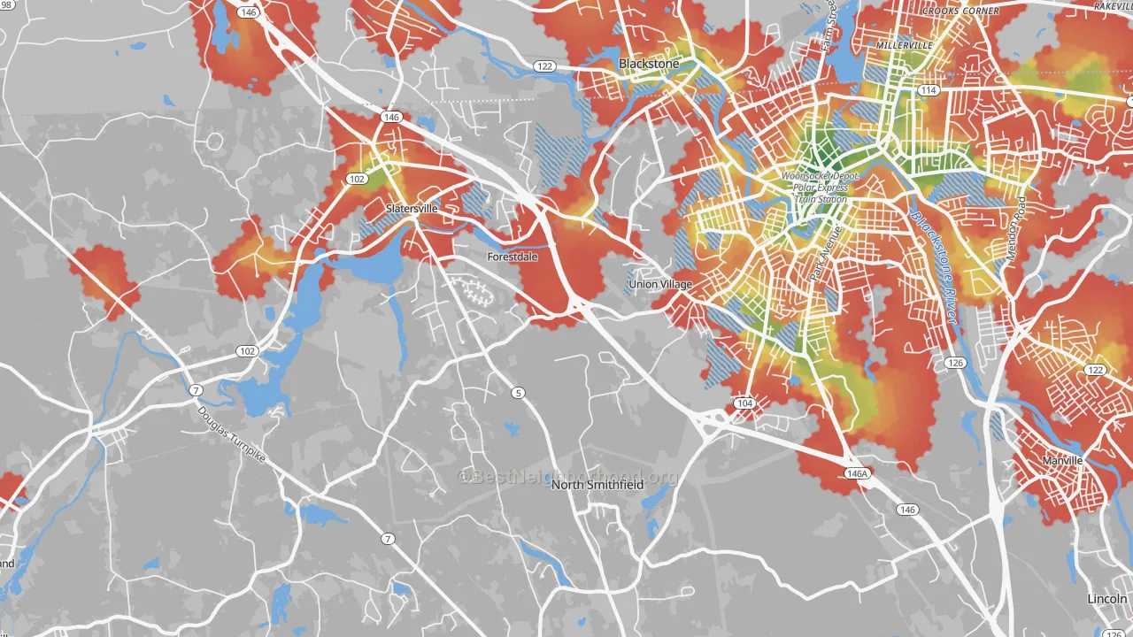 Walk Grade map of North Smithfield, RI, walkable areas in green and car-dependent areas in red