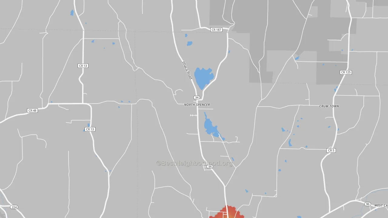 Walk Grade map of North Spencer, NY, walkable areas in green and car-dependent areas in red