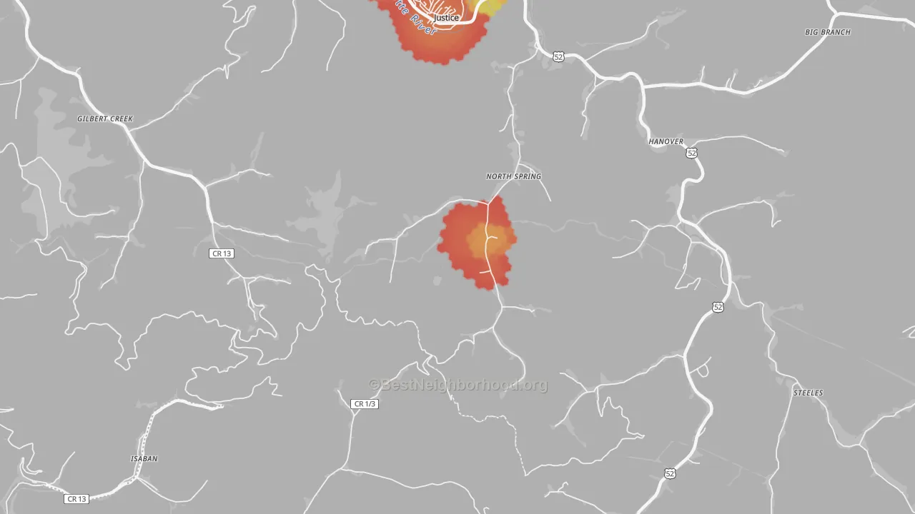 Walk Grade map of North Spring, WV, walkable areas in green and car-dependent areas in red