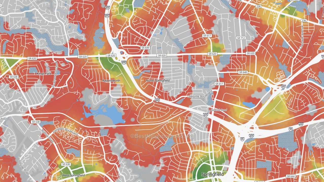 Walk Grade map of North Springfield, Springfield, VA, walkable areas in green and car-dependent areas in red