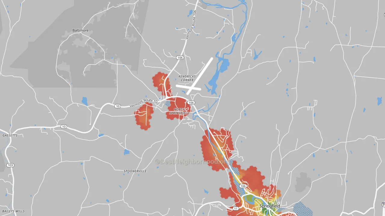 Walk Grade map of North Springfield, VT, walkable areas in green and car-dependent areas in red