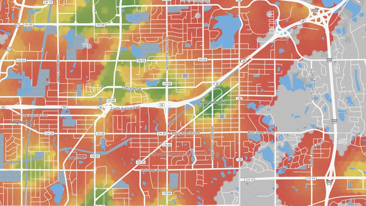 Walk Grade map of North St. Paul, MN, walkable areas in green and car-dependent areas in red