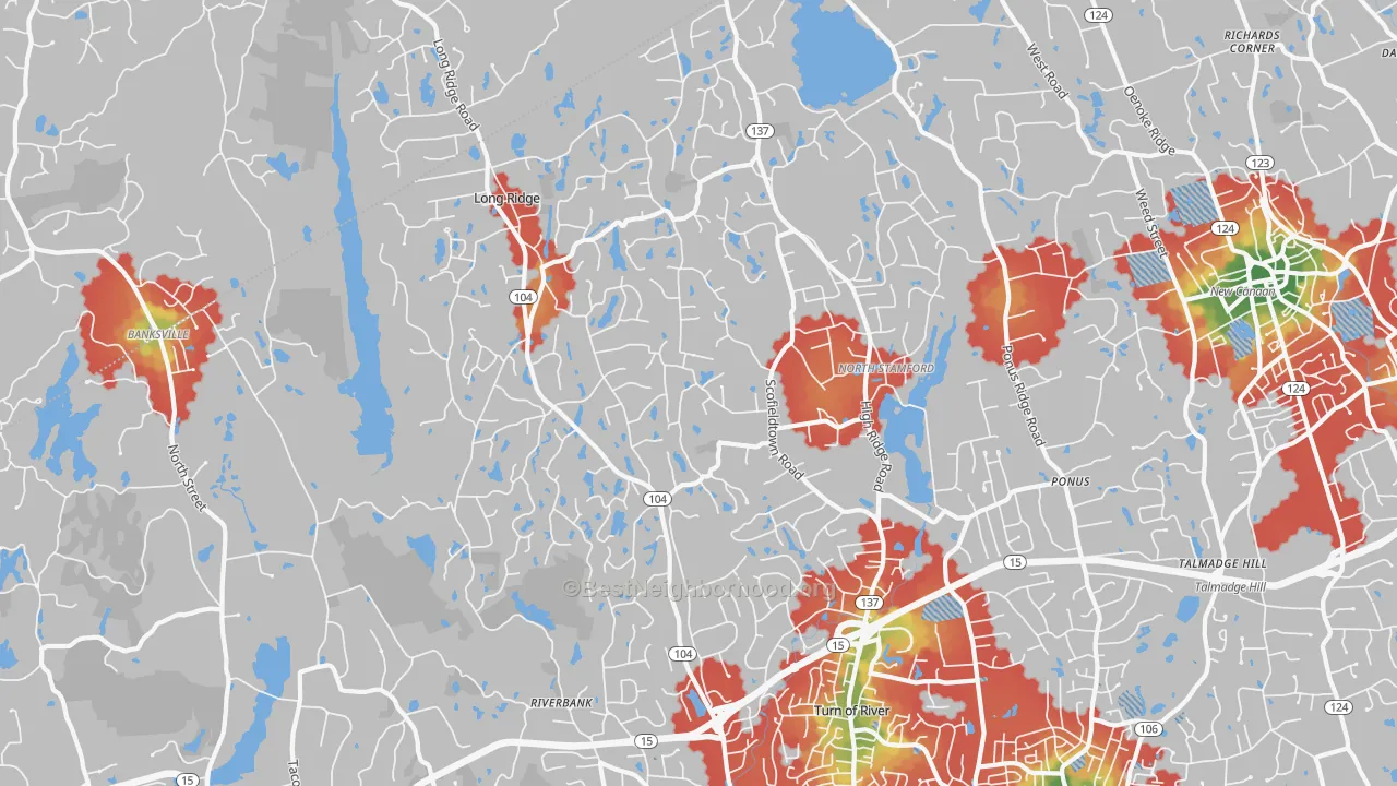 Walk Grade map of North Stamford, Stamford, CT, walkable areas in green and car-dependent areas in red