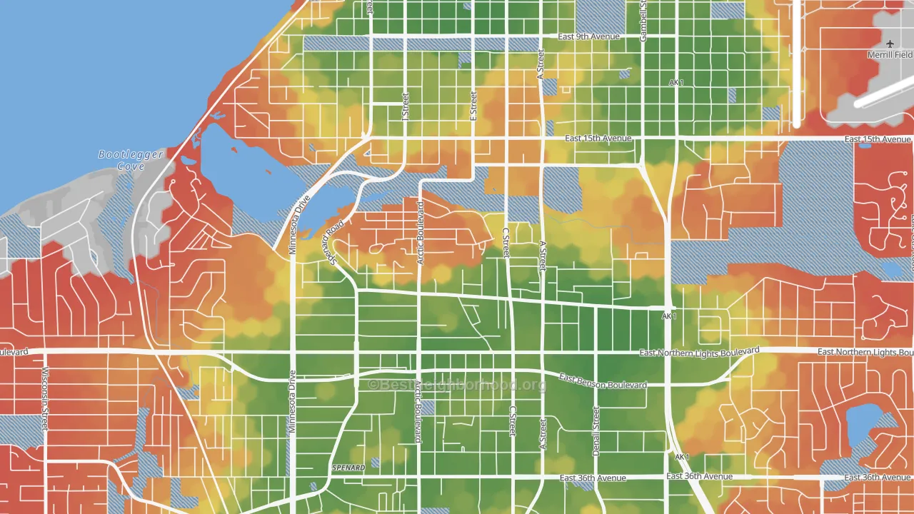 Walk Grade map of North Star, Anchorage, AK, walkable areas in green and car-dependent areas in red