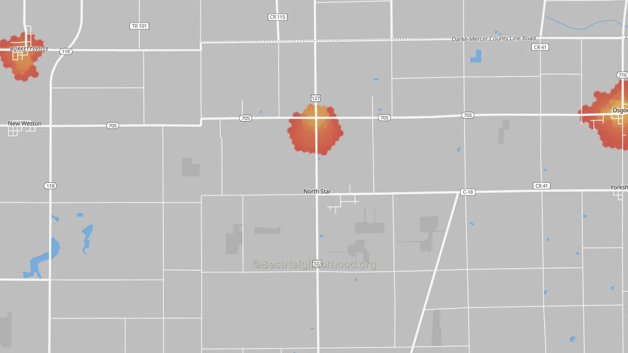 Walk Grade map of North Star, OH, walkable areas in green and car-dependent areas in red