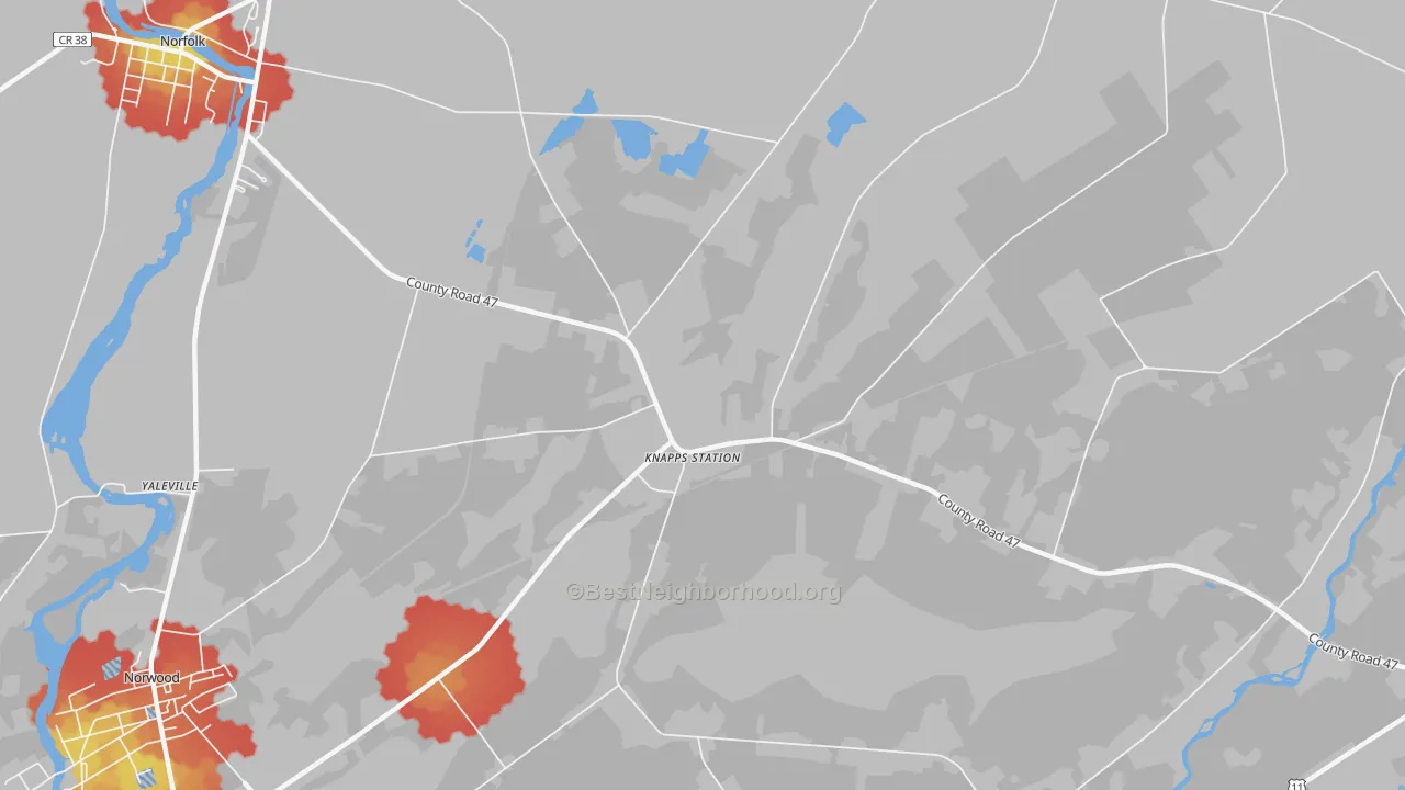 Walk Grade map of North Stockholm, NY, walkable areas in green and car-dependent areas in red