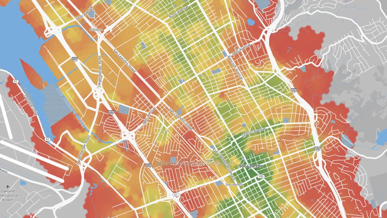Walk Grade map of North Stonehurst, Oakland, CA, walkable areas in green and car-dependent areas in red