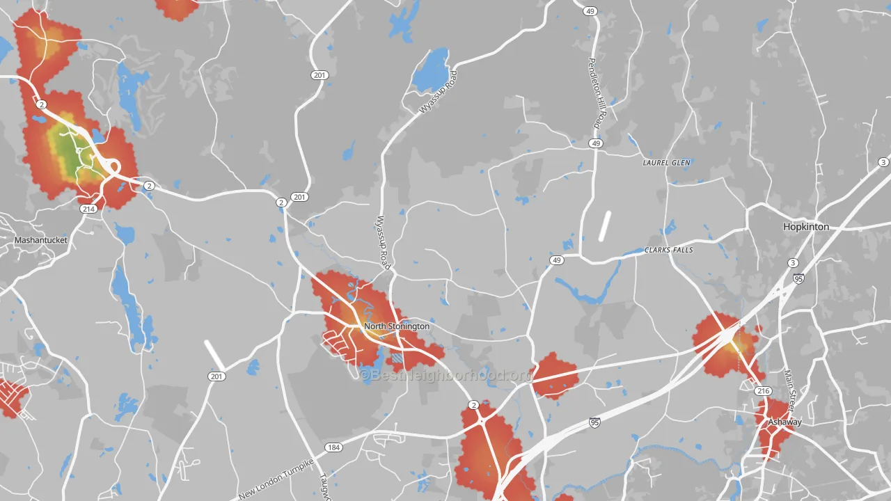 Walk Grade map of North Stonington, CT, walkable areas in green and car-dependent areas in red