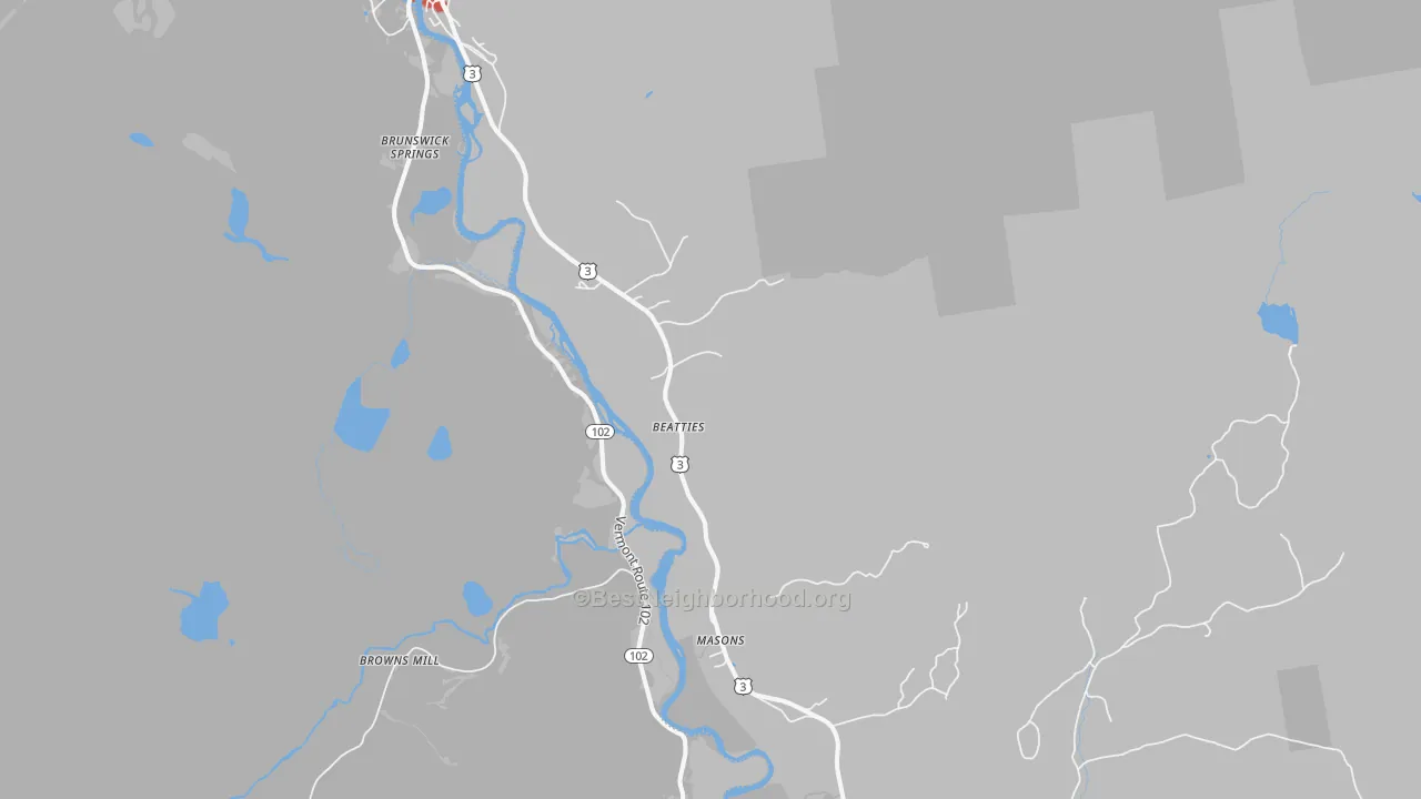 Walk Grade map of North Stratford, NH, walkable areas in green and car-dependent areas in red