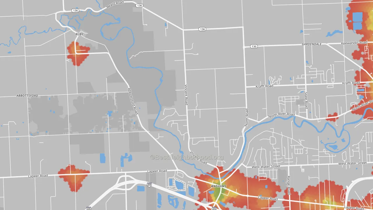 Walk Grade map of North Street, MI, walkable areas in green and car-dependent areas in red