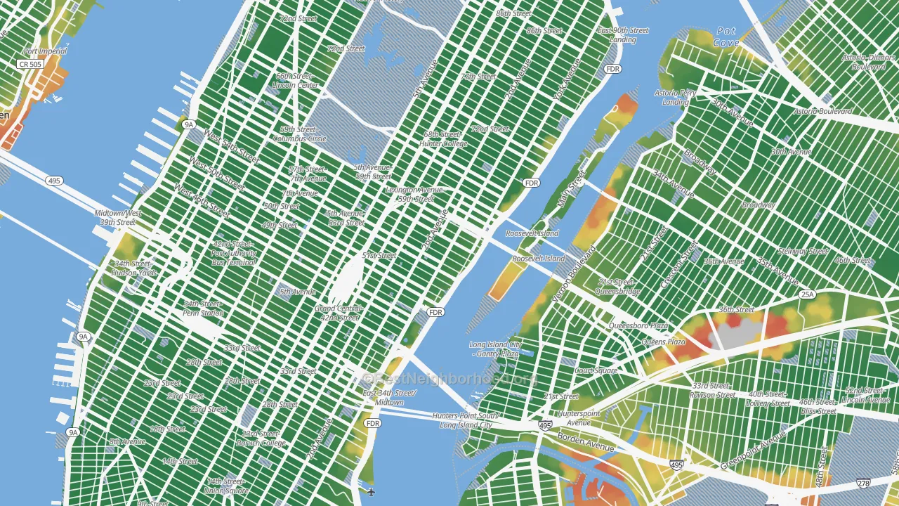 Walk Grade map of North Sutton Area, Manhattan, NY, walkable areas in green and car-dependent areas in red