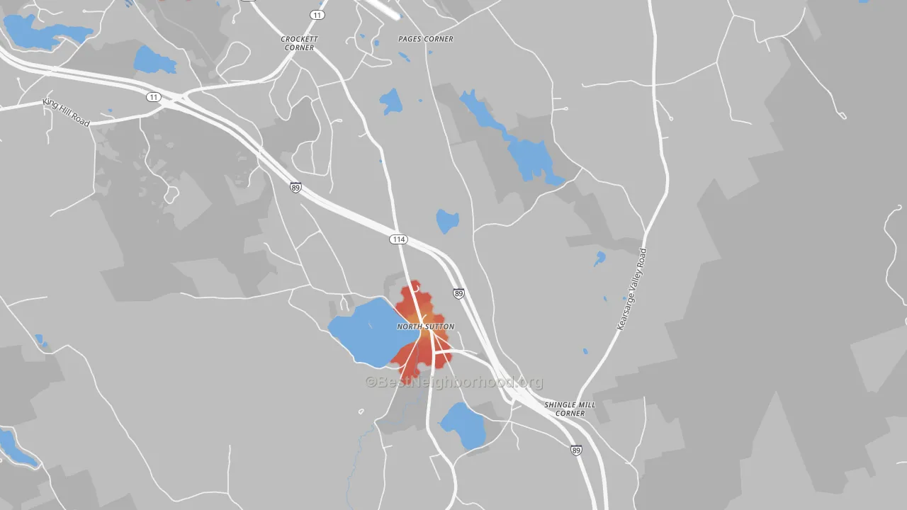 Walk Grade map of North Sutton, NH, walkable areas in green and car-dependent areas in red