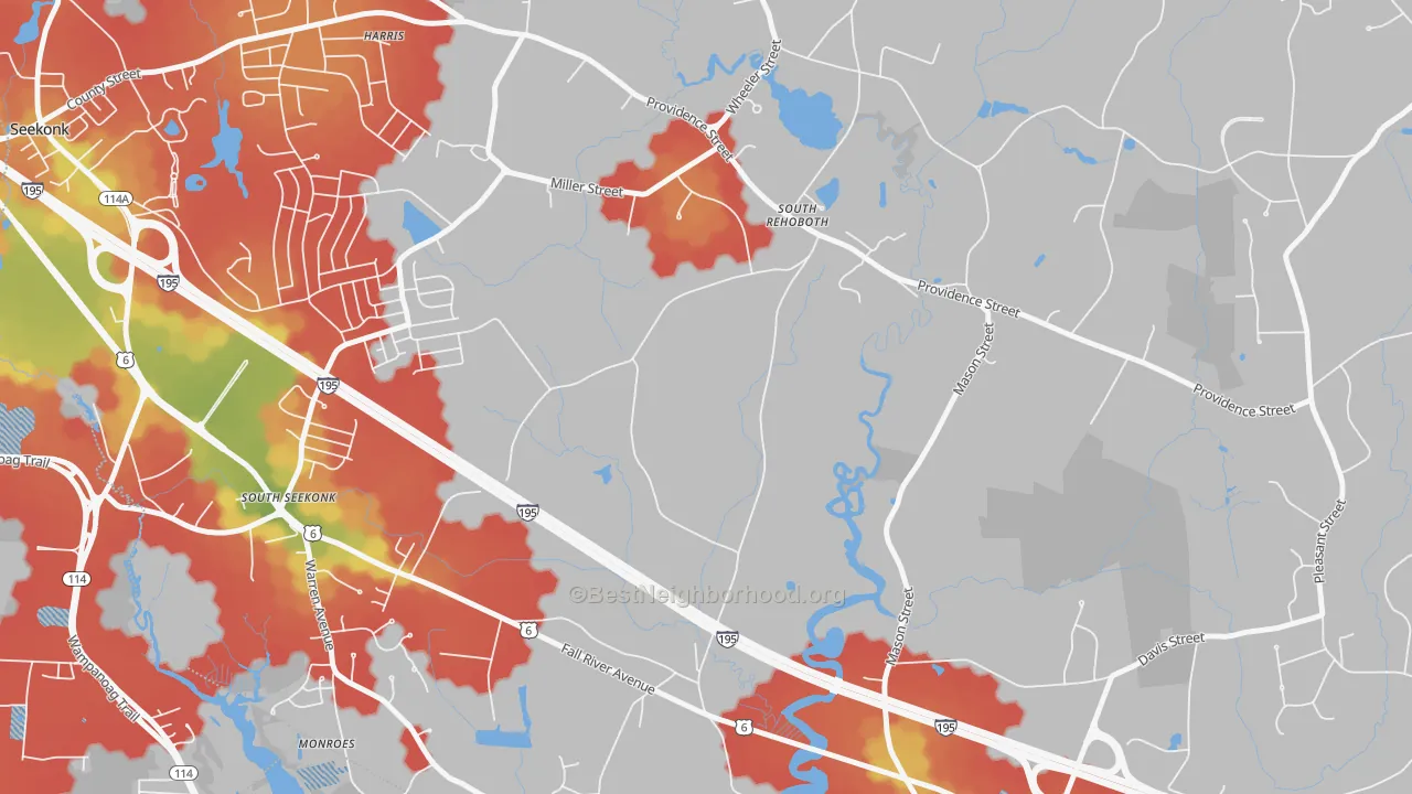 Walk Grade map of North Swansea, MA, walkable areas in green and car-dependent areas in red
