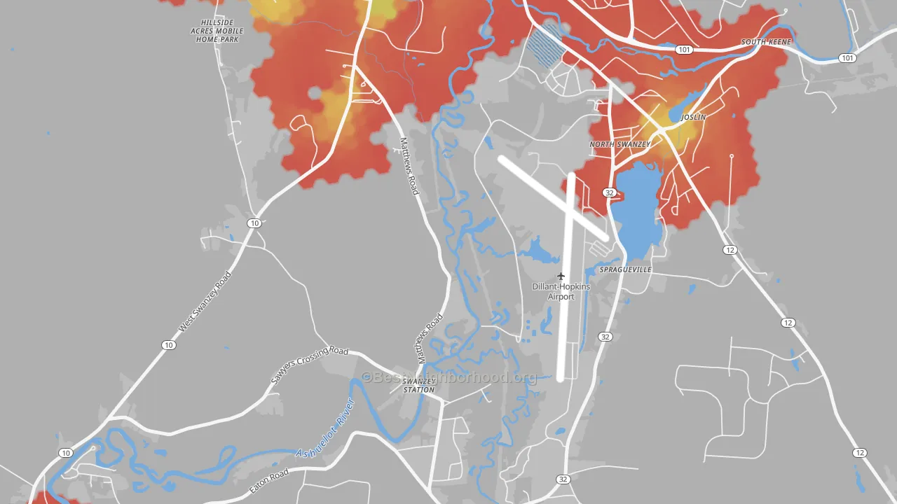 Walk Grade map of North Swanzey, NH, walkable areas in green and car-dependent areas in red