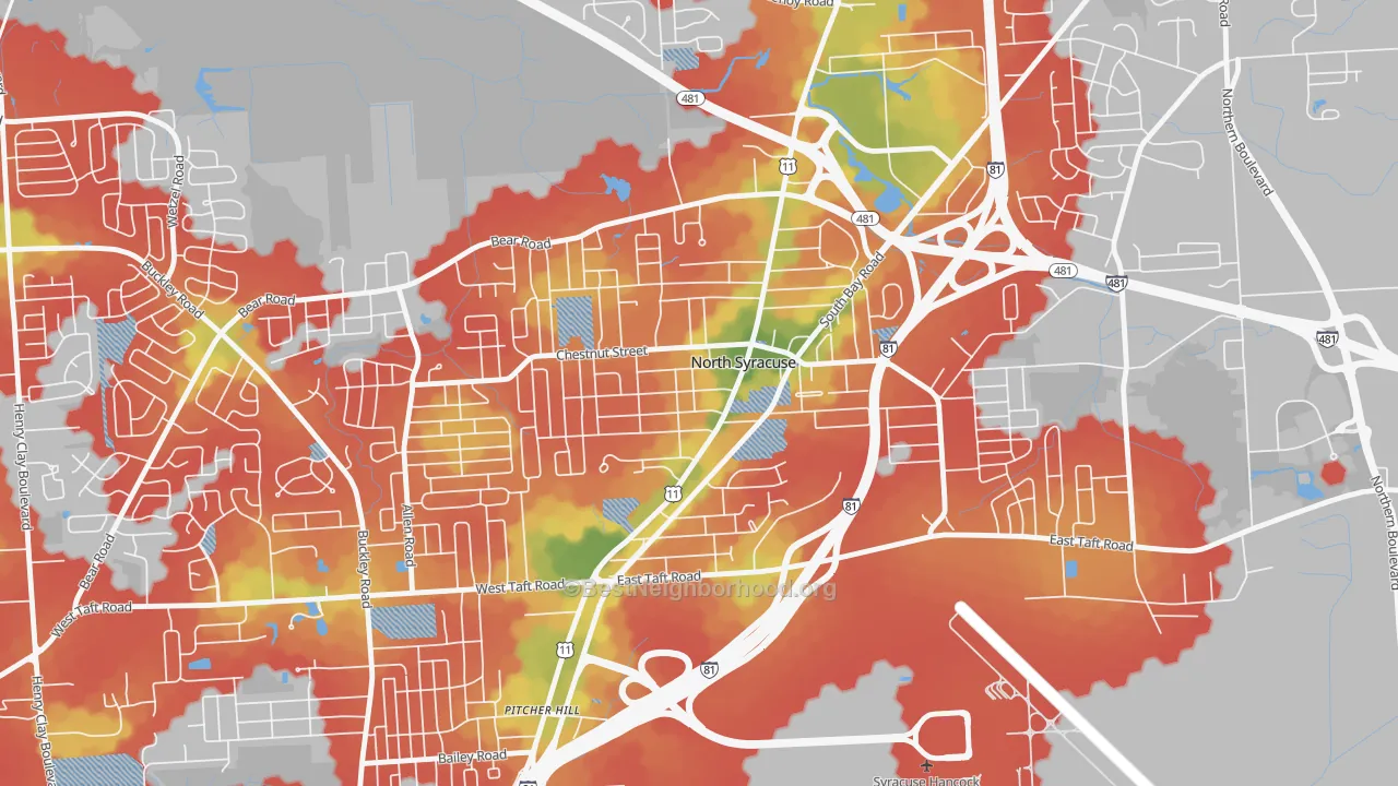 Walk Grade map of North Syracuse, NY, walkable areas in green and car-dependent areas in red