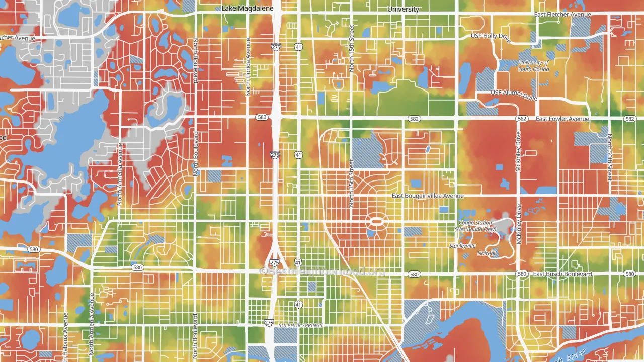 Walk Grade map of North Tampa, Tampa, FL, walkable areas in green and car-dependent areas in red