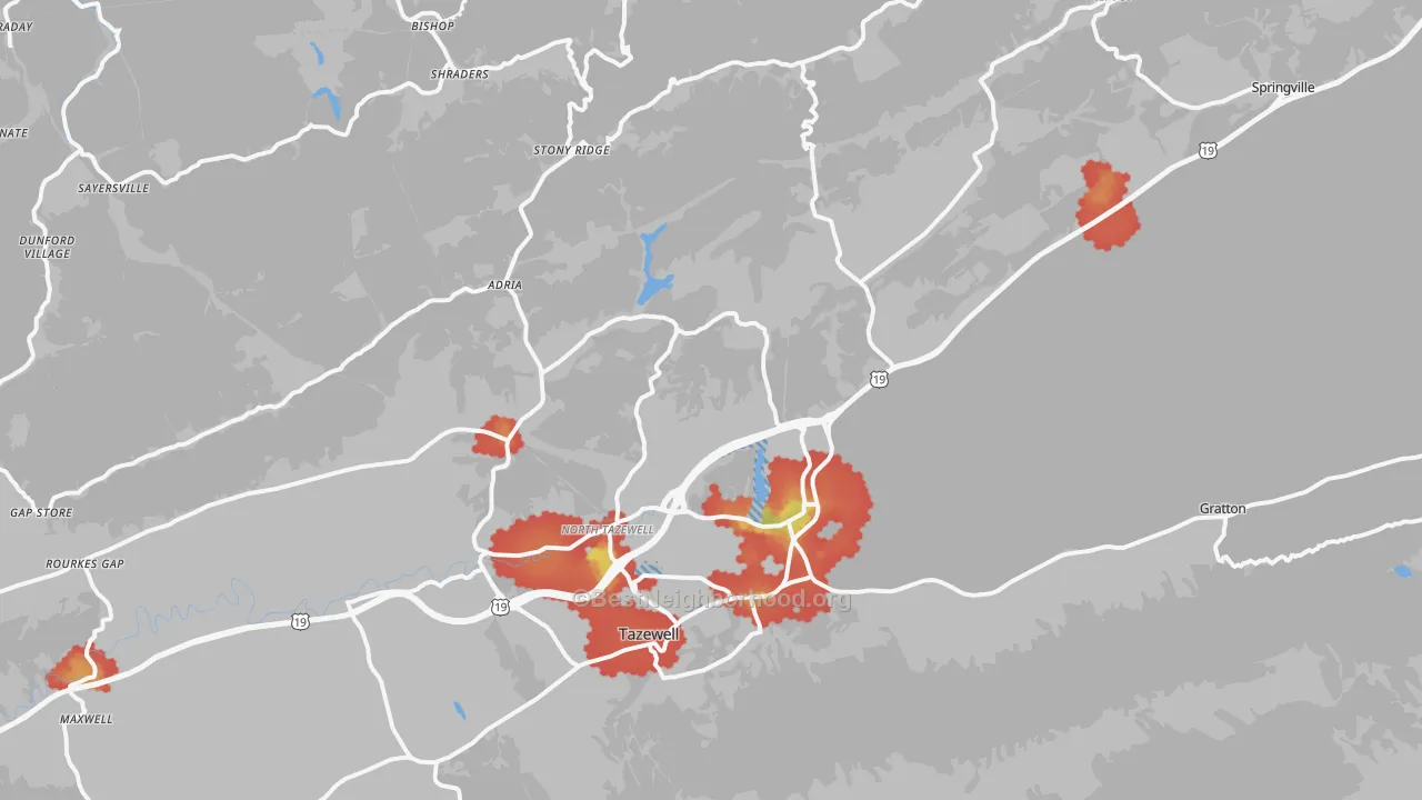 Walk Grade map of North Tazewell, VA, walkable areas in green and car-dependent areas in red