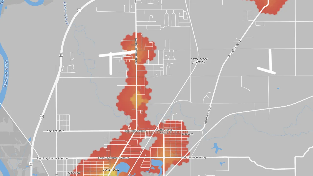 Walk Grade map of North Terre Haute, IN, walkable areas in green and car-dependent areas in red