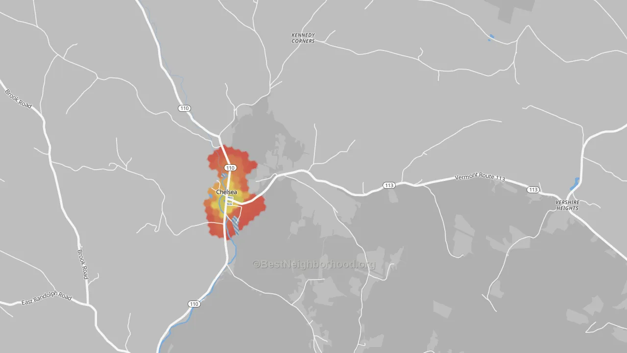 Walk Grade map of North Thetford, VT, walkable areas in green and car-dependent areas in red
