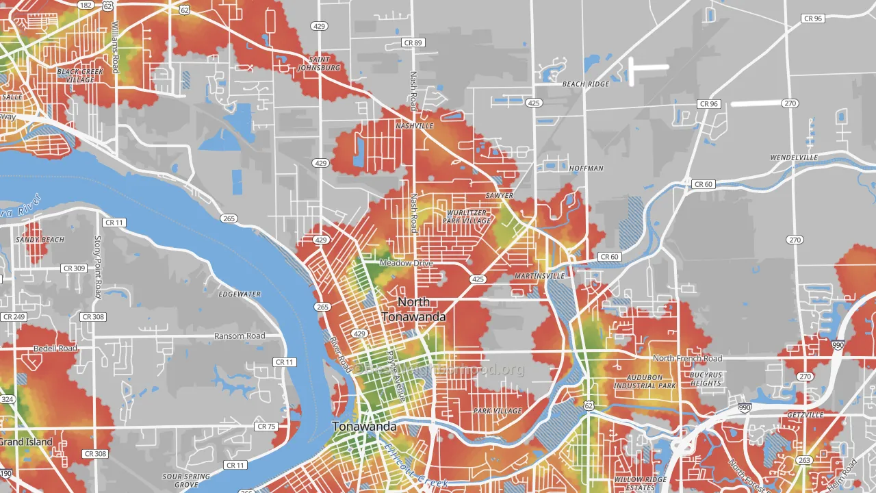 Walk Grade map of North Tonawanda, NY, walkable areas in green and car-dependent areas in red