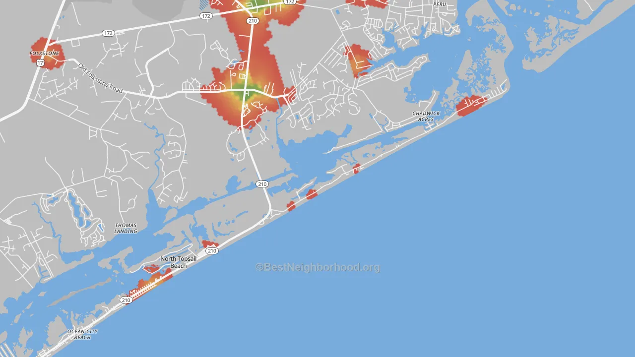 Walk Grade map of North Topsail Beach, NC, walkable areas in green and car-dependent areas in red