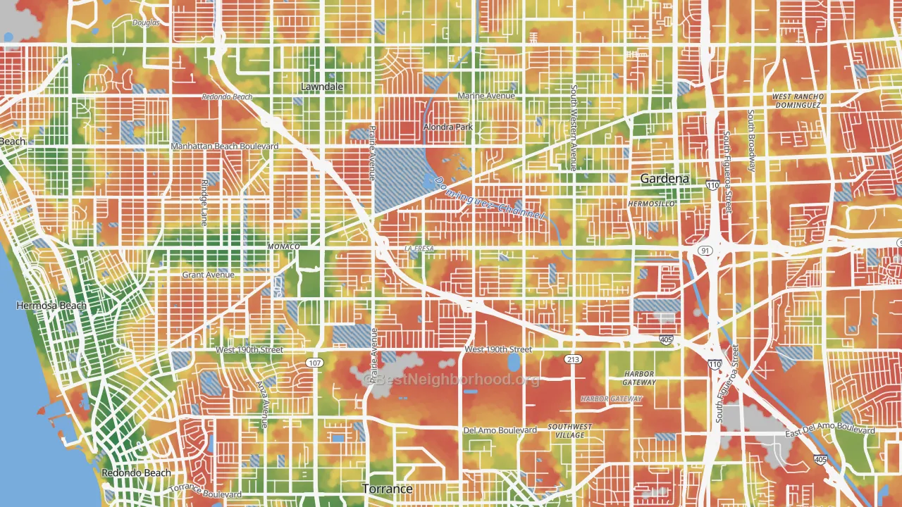 Walk Grade map of North Torrance, Torrance, CA, walkable areas in green and car-dependent areas in red