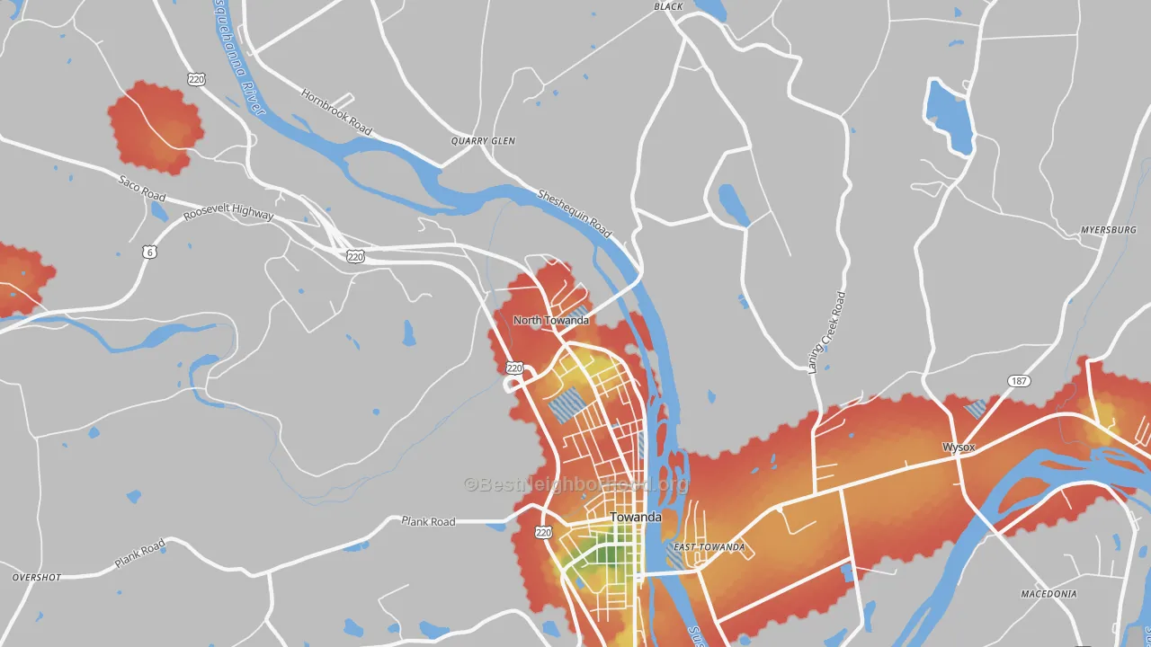 Walk Grade map of North Towanda, PA, walkable areas in green and car-dependent areas in red