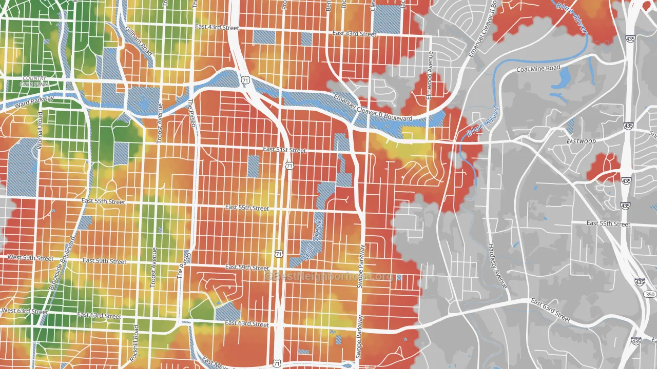 Walk Grade map of North Town Fork Creek, Kansas City, MO, walkable areas in green and car-dependent areas in red