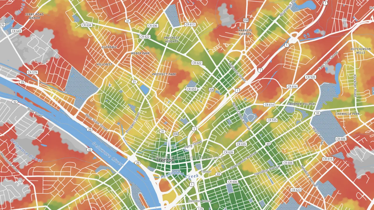 Walk Grade map of North Trenton, Trenton, NJ, walkable areas in green and car-dependent areas in red