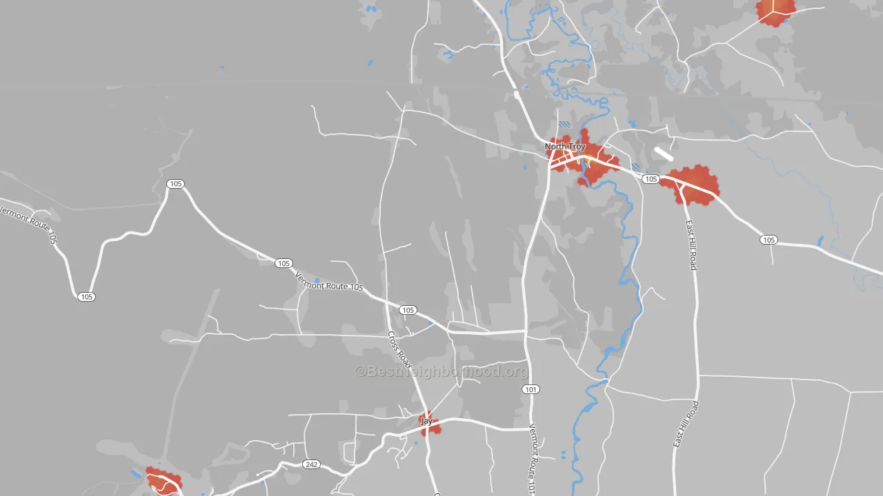 Walk Grade map of North Troy, VT, walkable areas in green and car-dependent areas in red